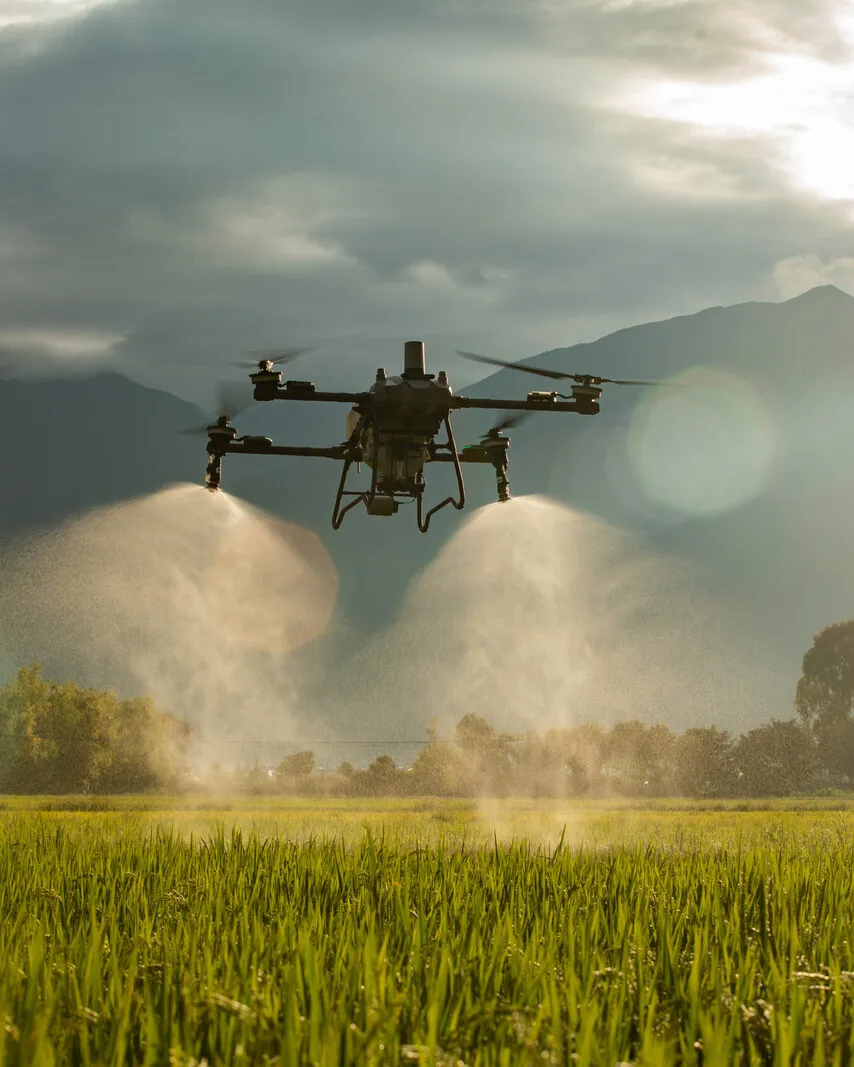 Dron ATAC pulverizando un cultivo al atardecer